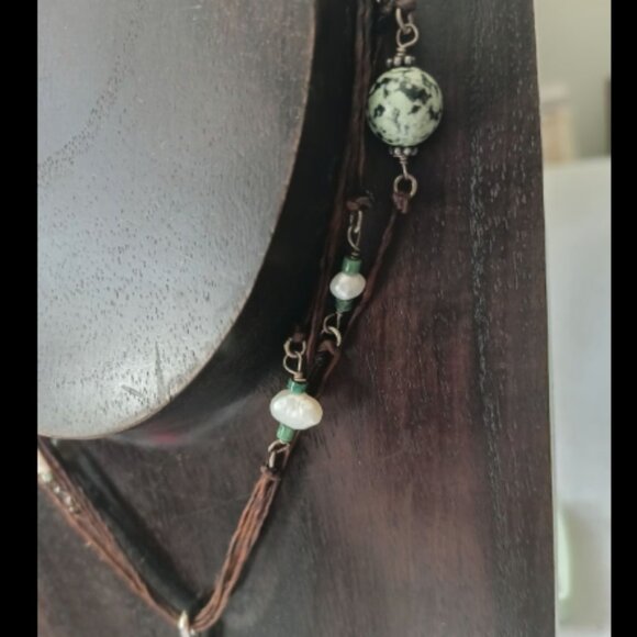 16" TURQUOISE, PEARL, STERLING & DALMATION STONE PENDANT HANDMADE NECKLACE - Picture 6 of 8